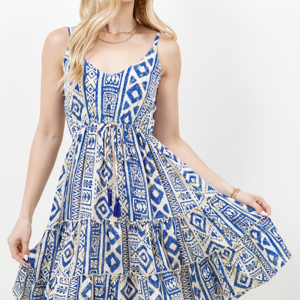 Blue and White Sleeveless Midi Sundress